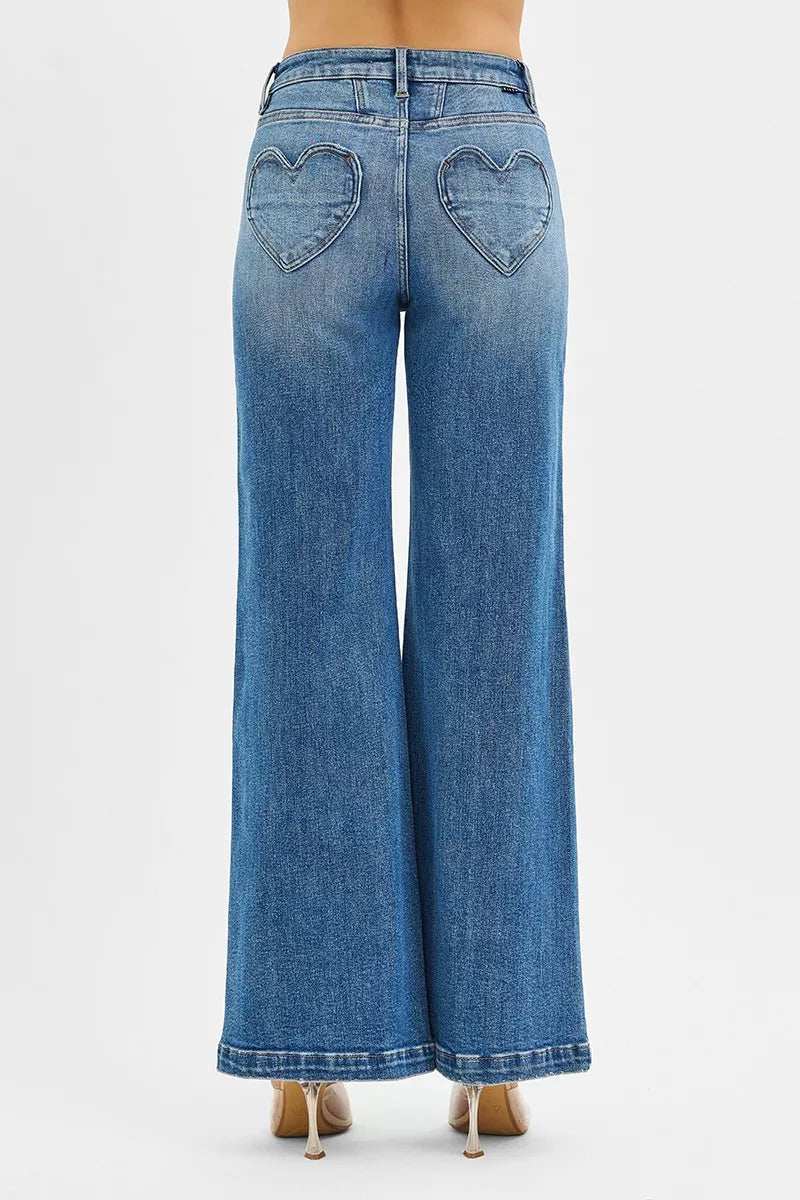RISEN High Rise Wide Leg Jenas with Front Yoke and Heart Back Pocket - Trendsi - Flyclothing LLC