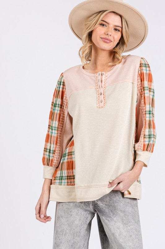 SAGE + FIG Exposed Seam Button Detail Plaid Top - Trendsi - Flyclothing LLC