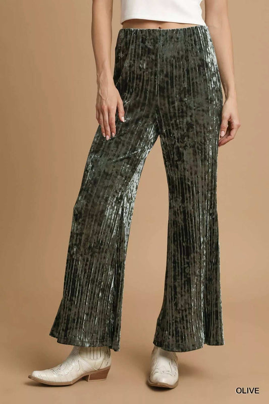 Umgee Velvet Pleated Wide Leg Pants - Trendsi - Flyclothing LLC