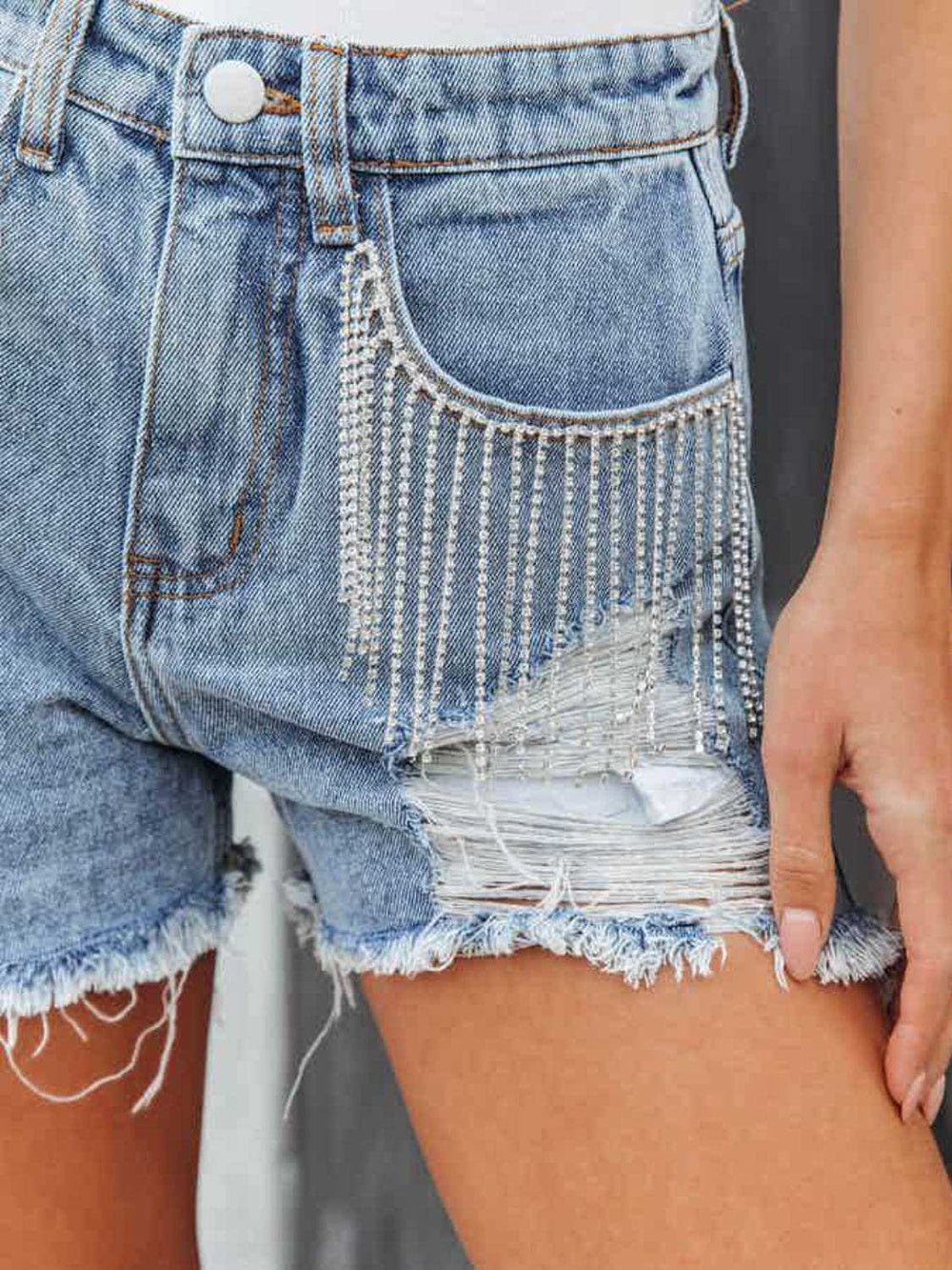 Distressed Fringe Denim Shorts with Pockets - Trendsi - Flyclothing LLC