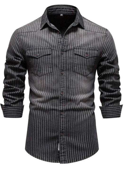 Men's Striped Collared Neck Button Down Denim Shirt - Trendsi - Flyclothing LLC