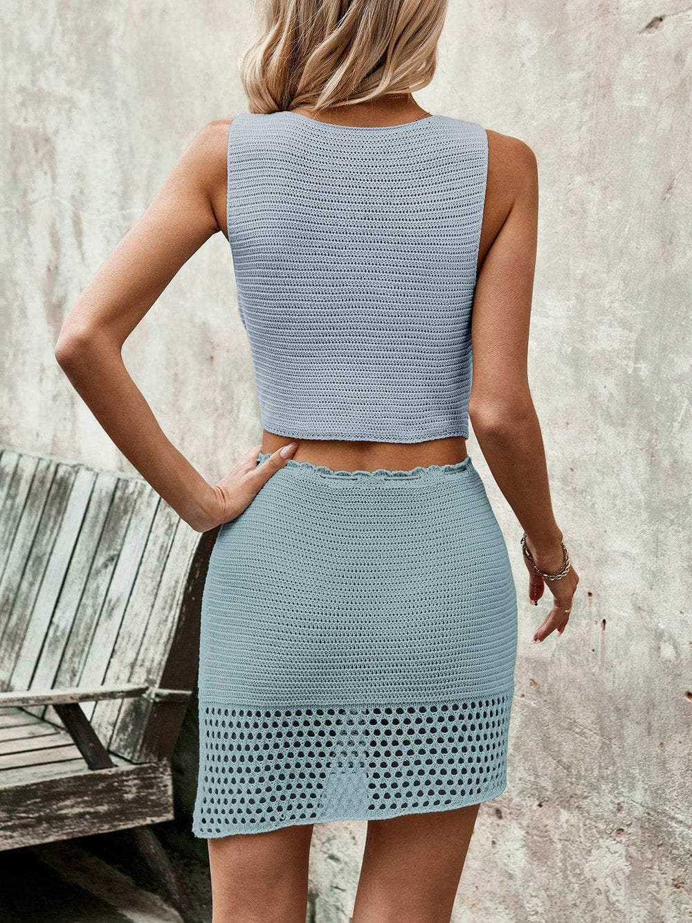 Button Up Sleeveless Top and Drawstring Skirt Set - Trendsi - Flyclothing LLC