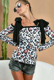 BiBi Leopard Shoulder Tie Long Sleeve Top - Trendsi - Flyclothing LLC