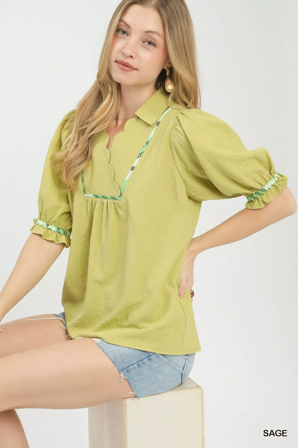 Umgee Scalloped Trim Blouse with Puff Sleeves - Trendsi - Flyclothing LLC