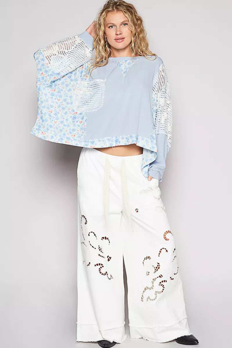 POL Round Neck Cropped Gauze Floral Pattern Top with Overlock Stitch Detail - Trendsi - Flyclothing LLC