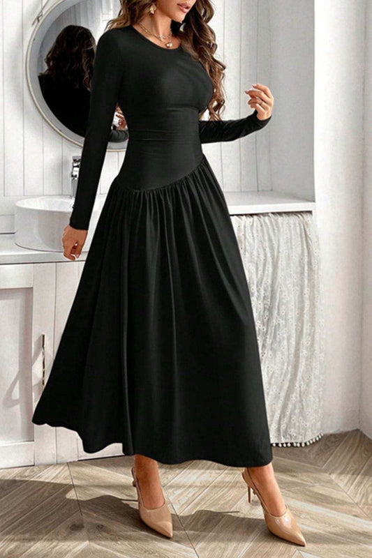 Ruched Round Neck Long Sleeve Dress - Trendsi - Flyclothing LLC