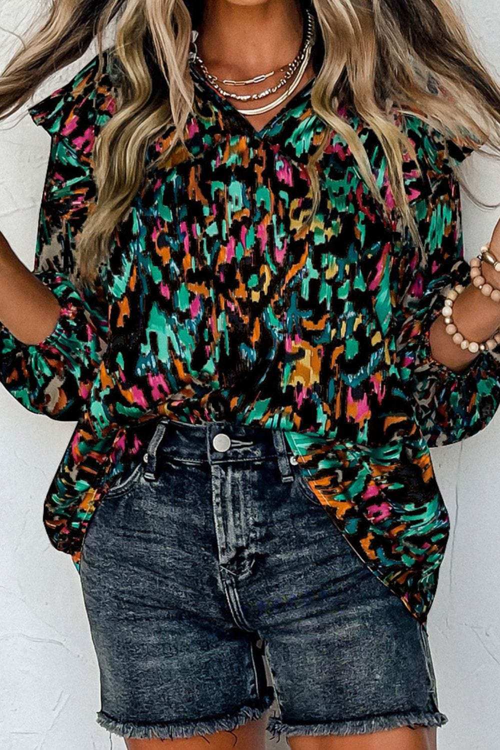 Abstract Print 3/4 Sleeve Ruffle Blouse - Trendsi - Flyclothing LLC
