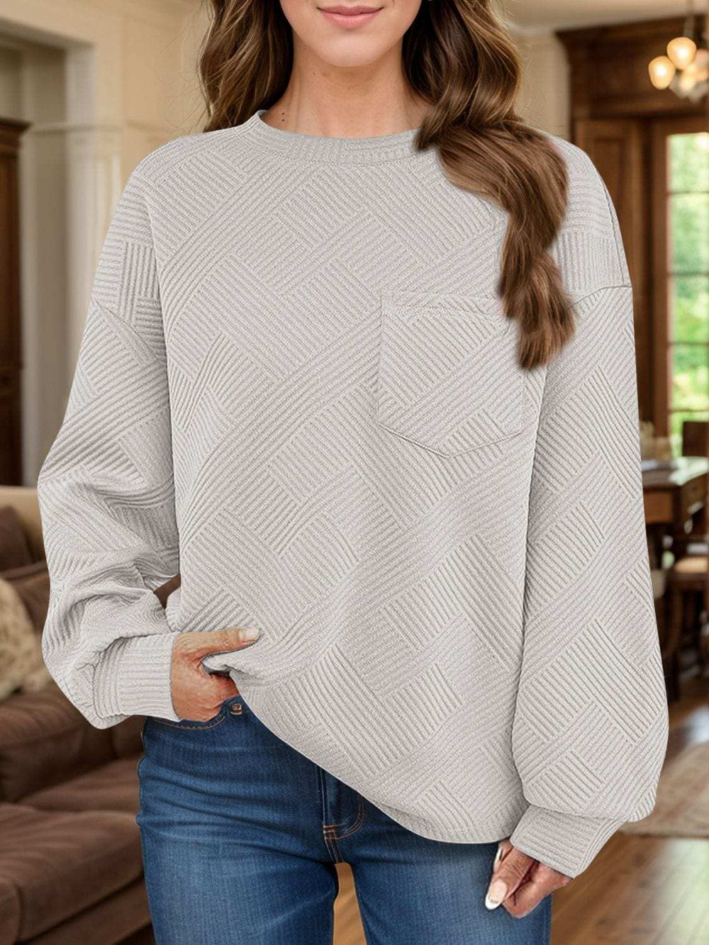 Full Size Texture Round Neck Long Sleeve Sweatshirt - Trendsi - Flyclothing LLC
