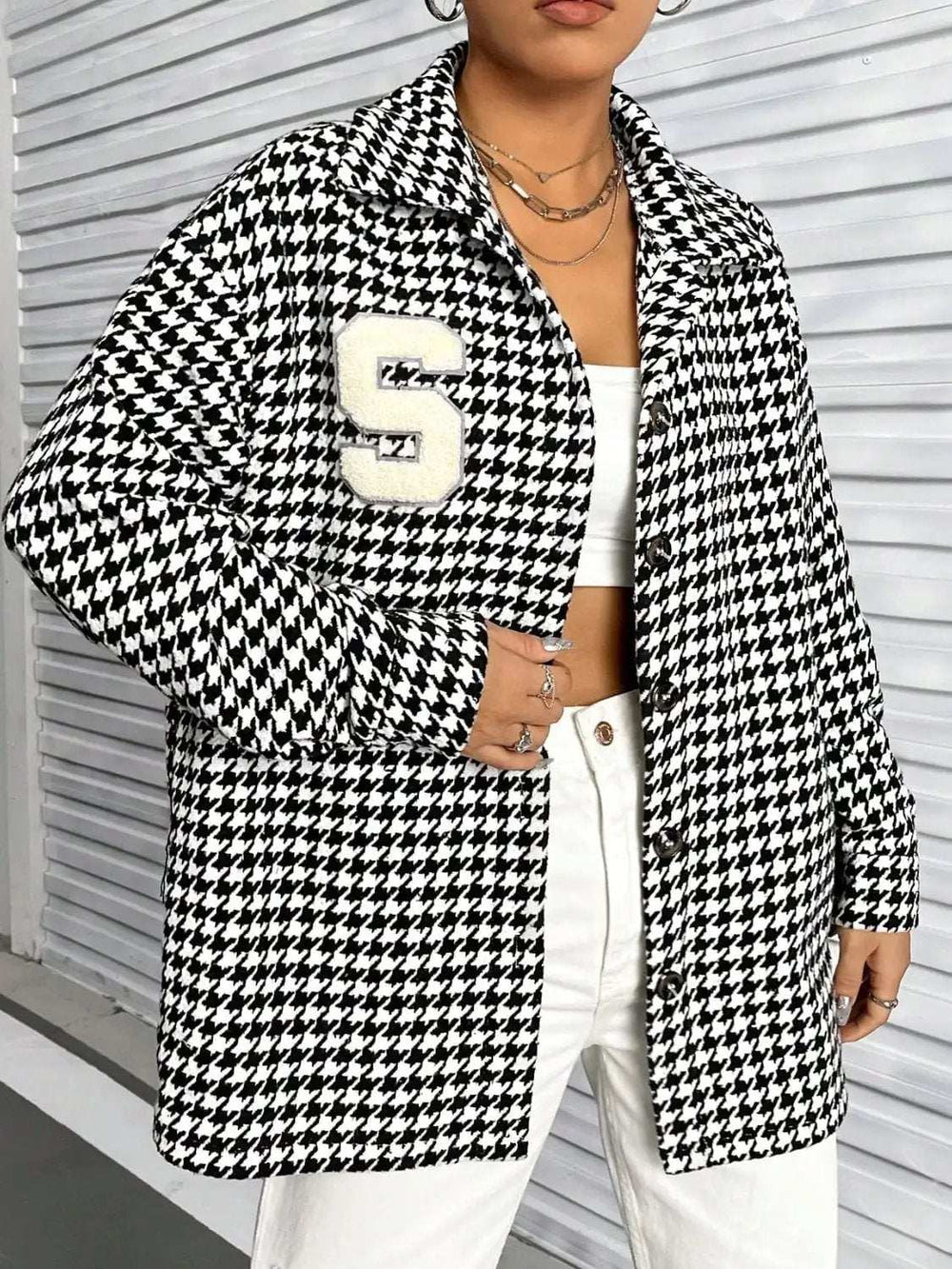 Houndstooth Button Down Long Sleeve Shacket - Trendsi - Flyclothing LLC