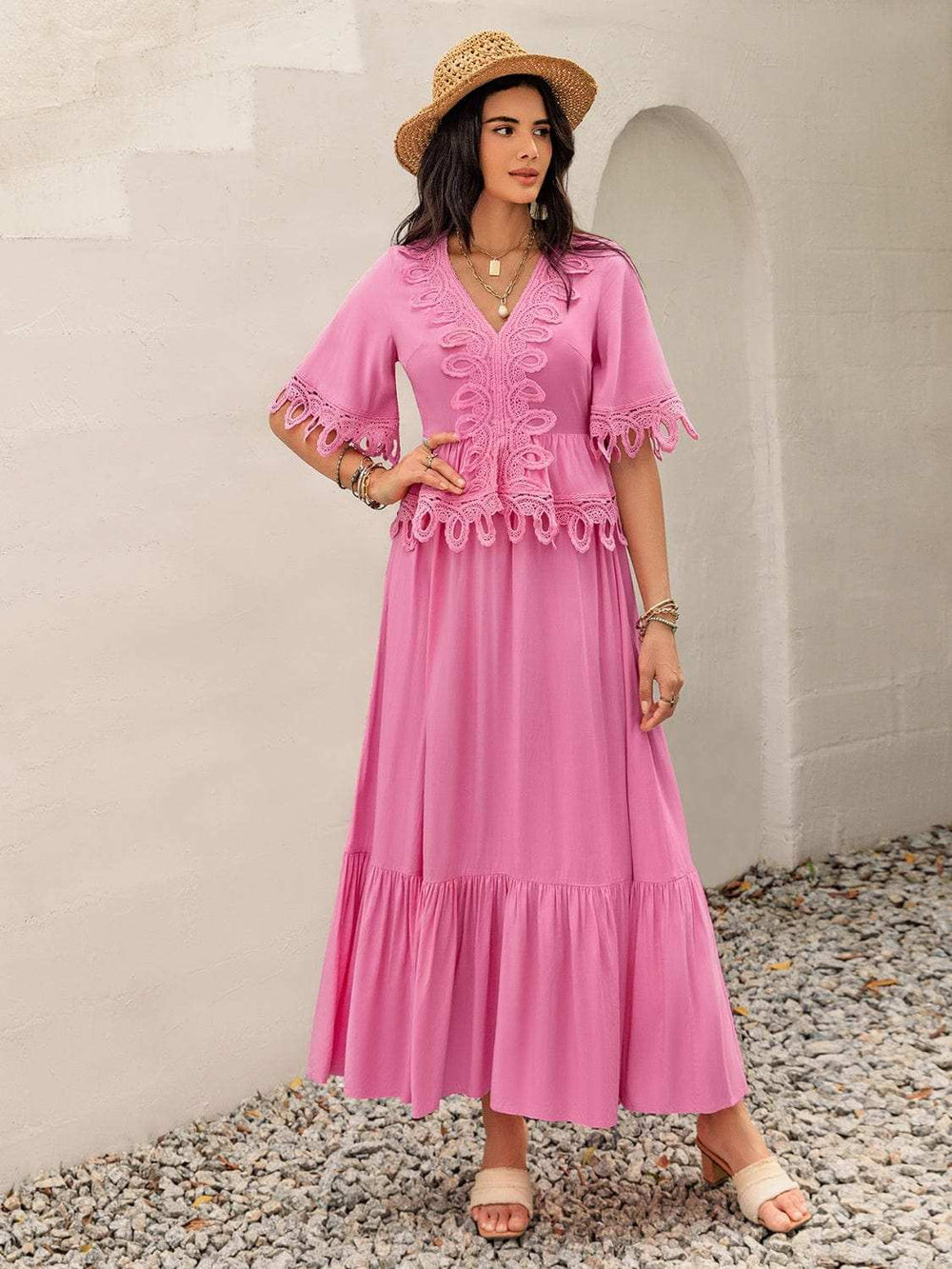 Lace Detail V-Neck Half Sleeve Midi Dress - Trendsi - Flyclothing LLC