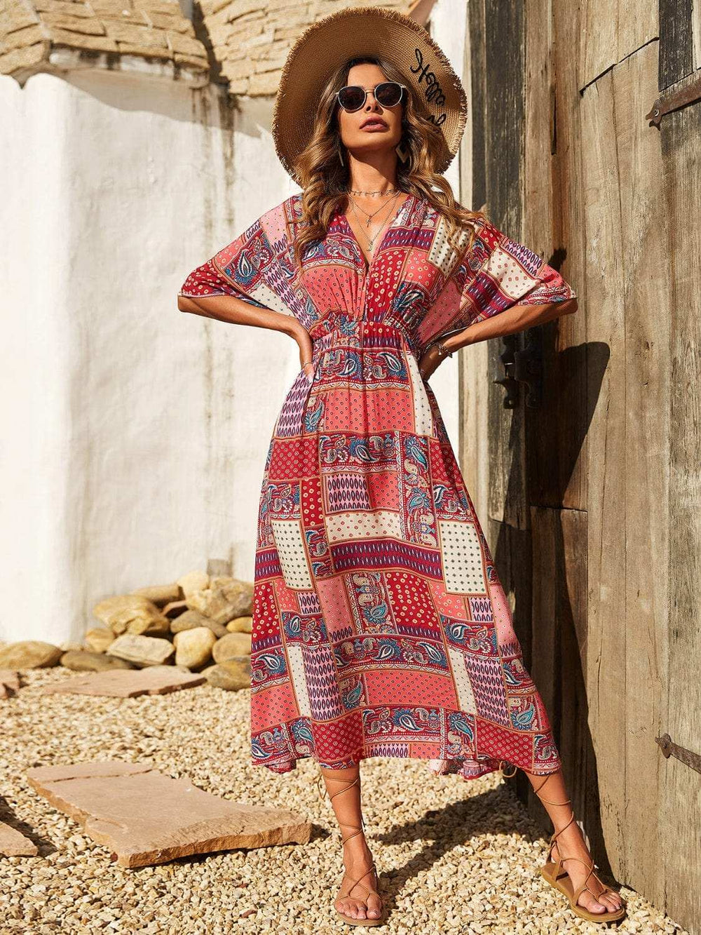 Printed Half Sleeve Midi Dress - Trendsi - Flyclothing LLC