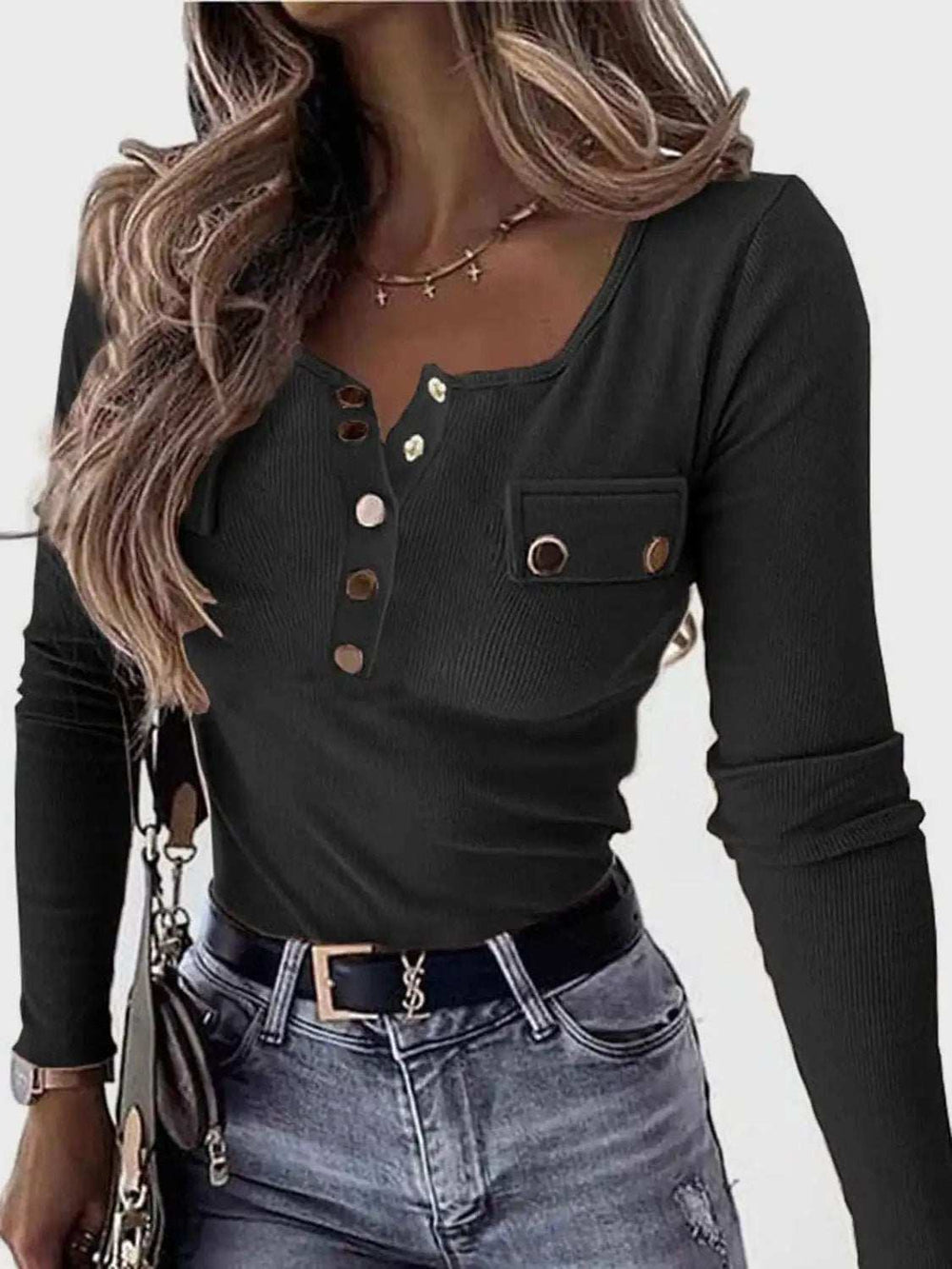 Full Size Half Snap Long Sleeve T-Shirt - Trendsi - Flyclothing LLC