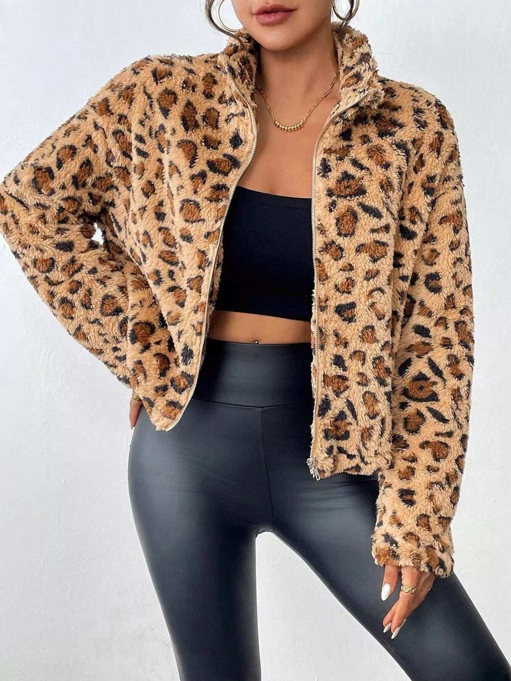 Leopard Fuzzy Zip-Up Jacket - Trendsi - Flyclothing LLC