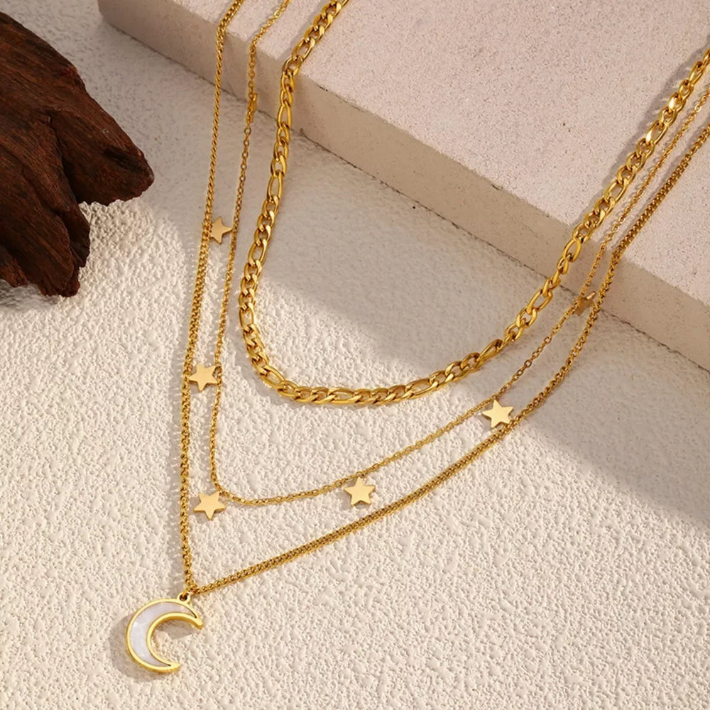 18K Gold-Plated Moon Three-Layered Necklace - Trendsi - Flyclothing LLC