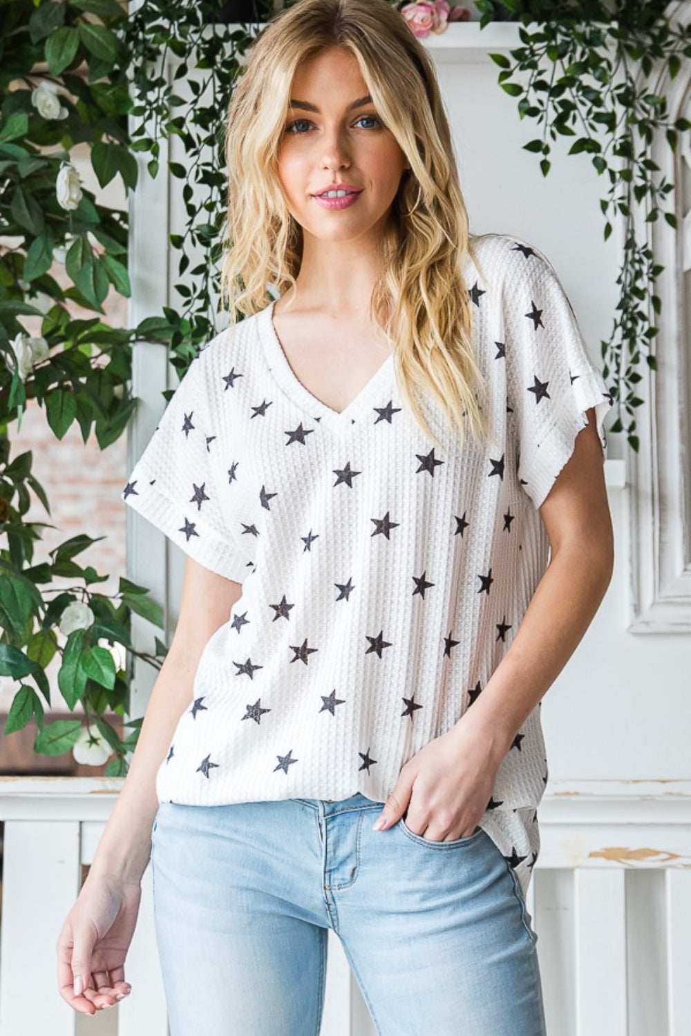 Heimish Full Size Star Print Short Sleeve V-Neck Waffle Knit T-Shirt - Trendsi - Flyclothing LLC