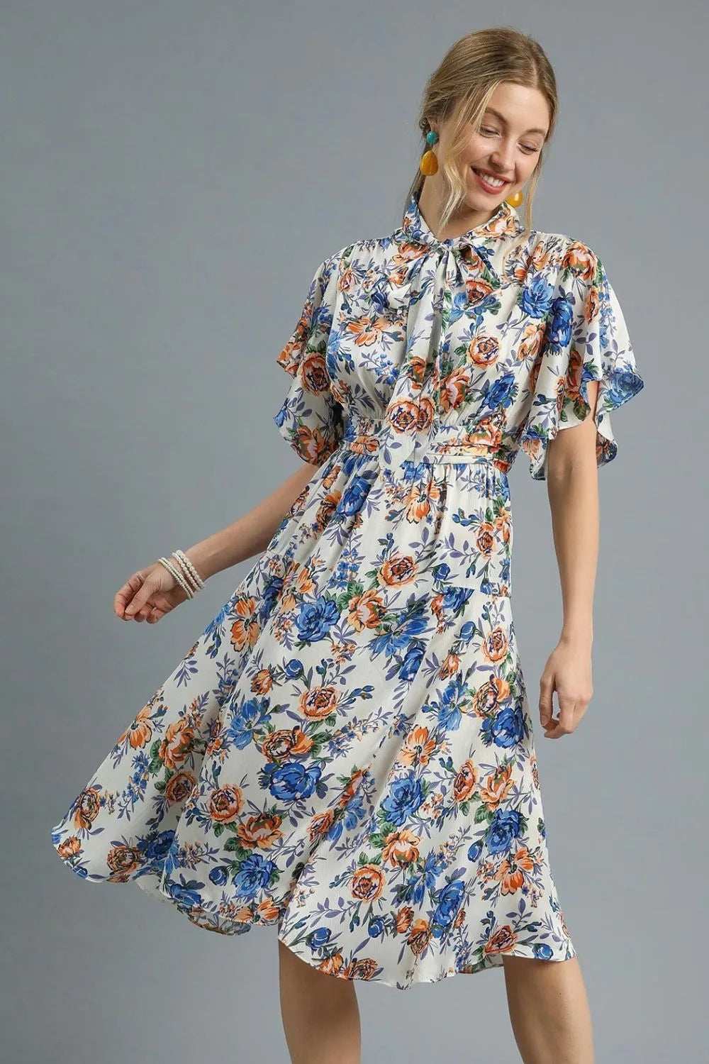 Umgee Floral Print Flutter Sleeve Dress - Trendsi - Flyclothing LLC