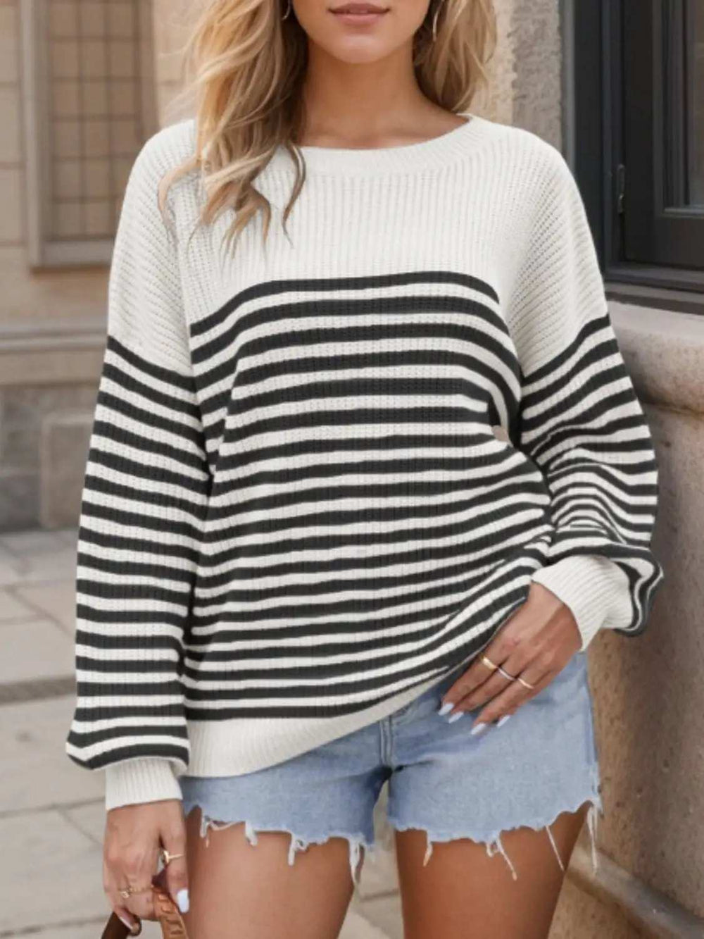 Striped Round Neck Long Sleeve Sweater - Trendsi - Flyclothing LLC