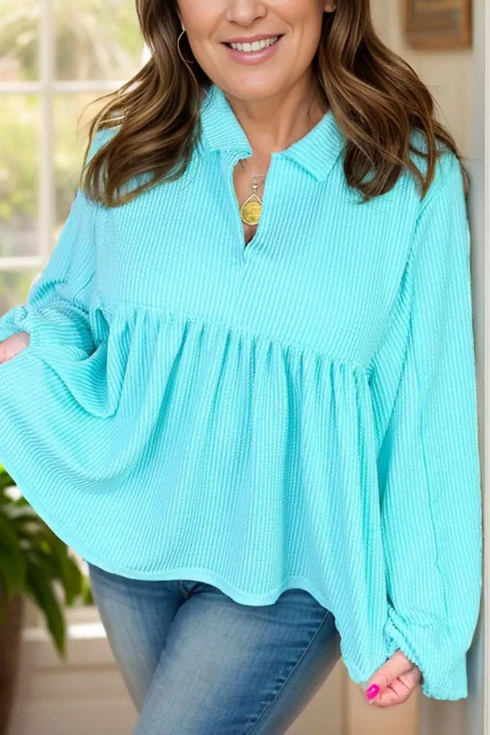 Plus Size Textured Peplum Long Sleeve Blouse - Trendsi - Flyclothing LLC