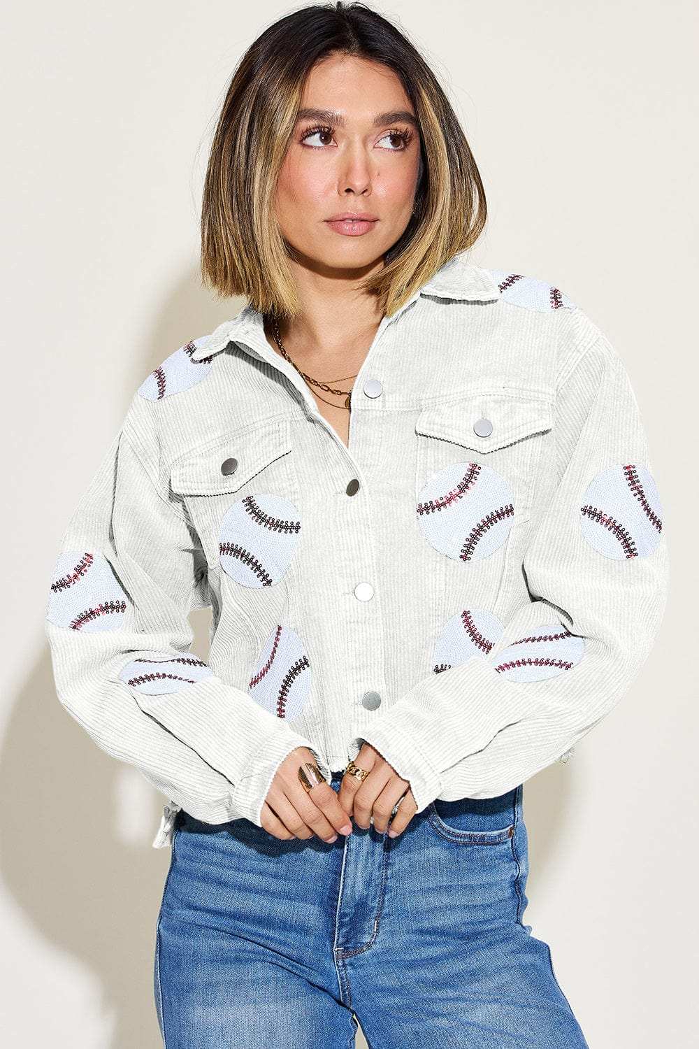 Baseball Sequin Dropped Shoulder Raw Hem Jacket - Trendsi - Flyclothing LLC