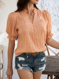 Devine Frill Notched Short Sleeve Blouse - Trendsi - Flyclothing LLC