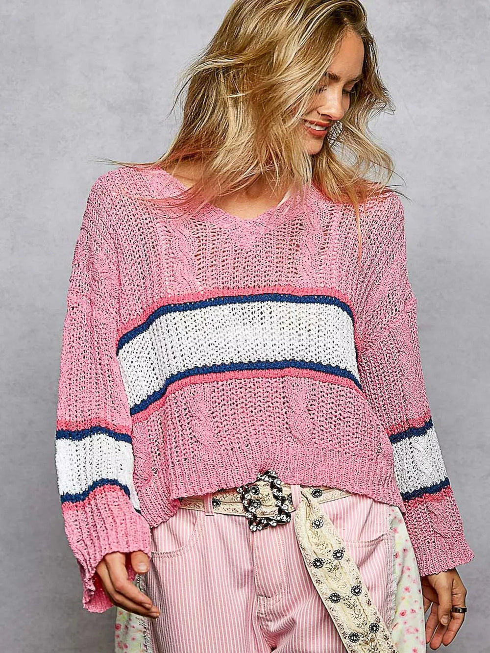 POL V-Neck Striped Pattern Cropped Knit Top with Cable Knit Detail - Trendsi - Flyclothing LLC
