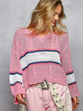 POL V-Neck Striped Pattern Cropped Knit Top with Cable Knit Detail - Trendsi - Flyclothing LLC
