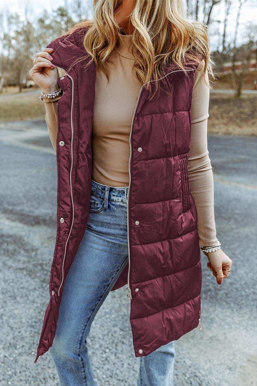 Longline Hooded Sleeveless Puffer Vest - Trendsi - Flyclothing LLC