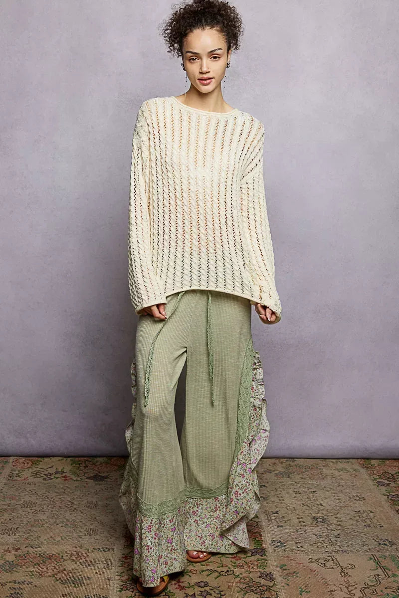 POL Openwork Round Neck Knit Top with Shiny Detail - Trendsi - Flyclothing LLC