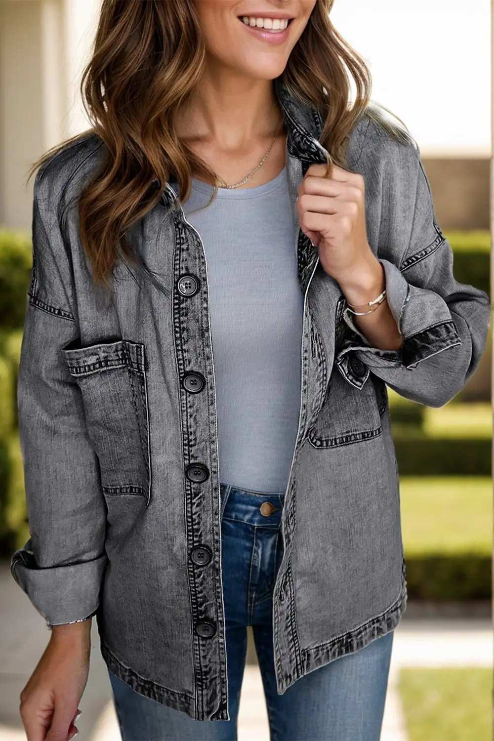 Button Up Long Sleeve Denim Jacket - Trendsi - Flyclothing LLC