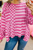 Checker & Stripes Round Neck Long Sleeve Blouse - Trendsi - Flyclothing LLC