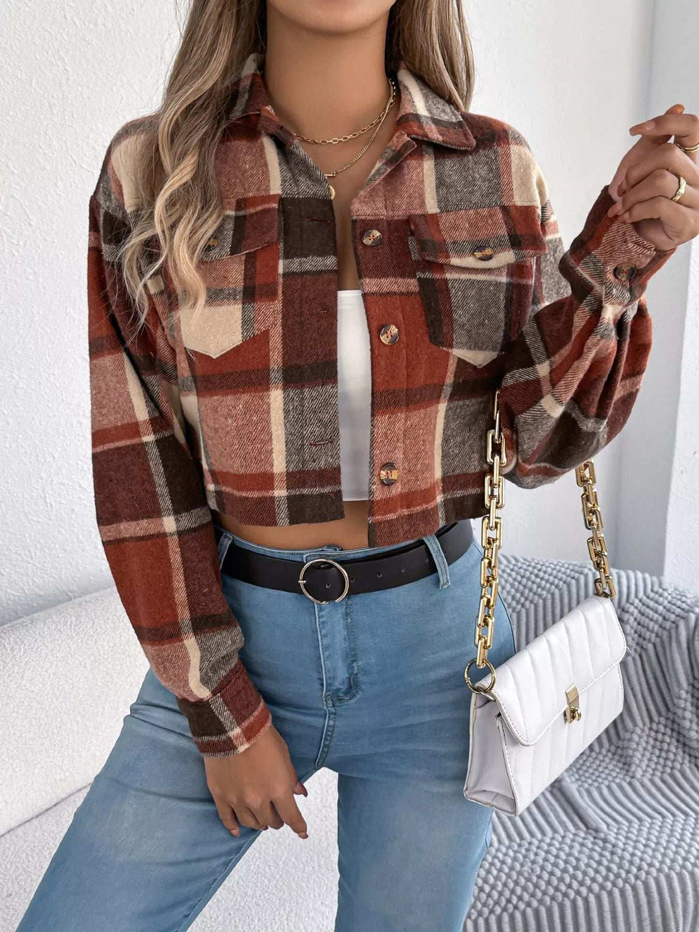 Plaid Button Up Cropped Jacket - Trendsi - Flyclothing LLC