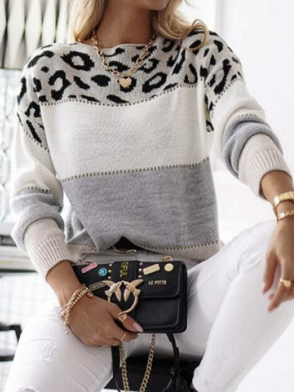 Leopard Color Block Round Neck Long Sleeve Sweater - Trendsi - Flyclothing LLC