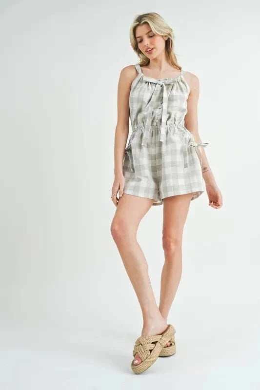 MABLE Plaid Sleeveless Button Down Romper - Trendsi - Flyclothing LLC