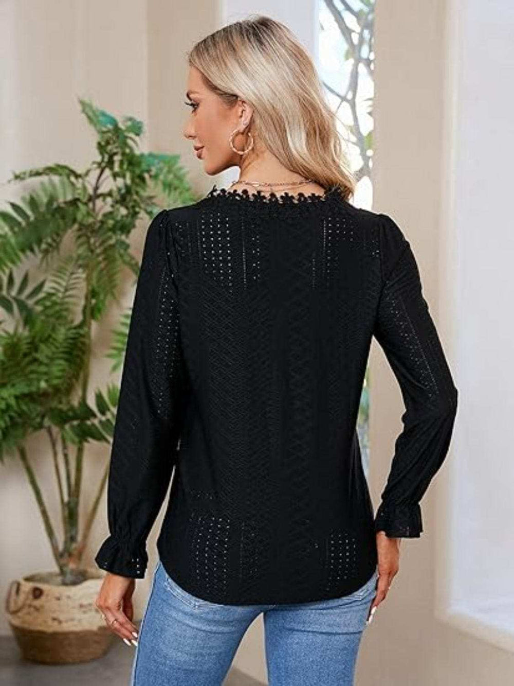 Lace Detail Eyelet V-Neck Flounce Sleeve Blouse - Trendsi - Flyclothing LLC