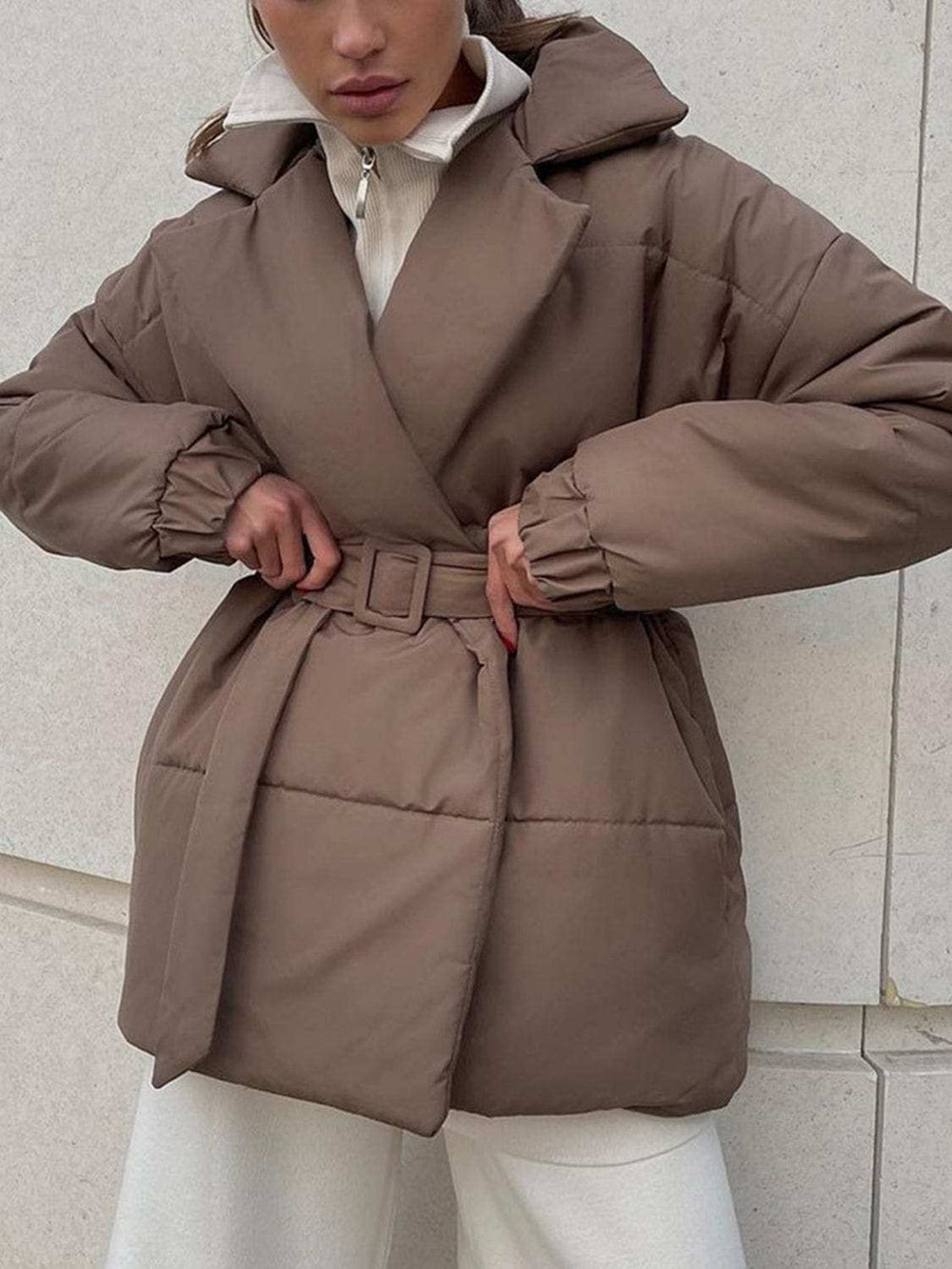 Puffer Long Sleeve Winter Coat with Belt - Trendsi - Flyclothing LLC