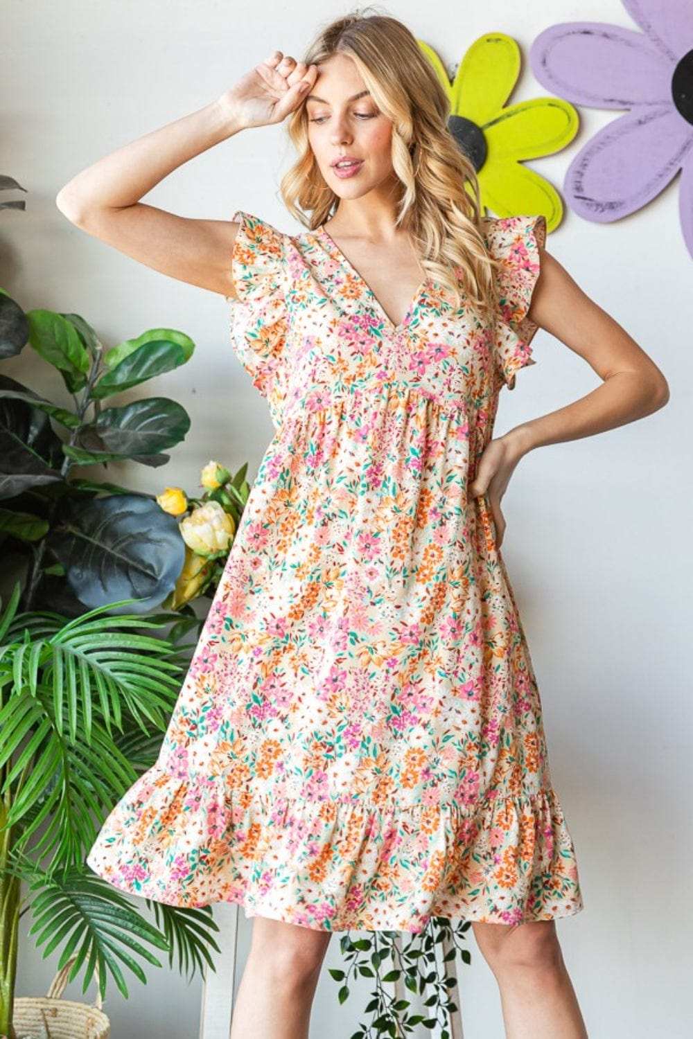 Heimish Full Size Floral Ruffled V-Neck Dress - Trendsi - Flyclothing LLC