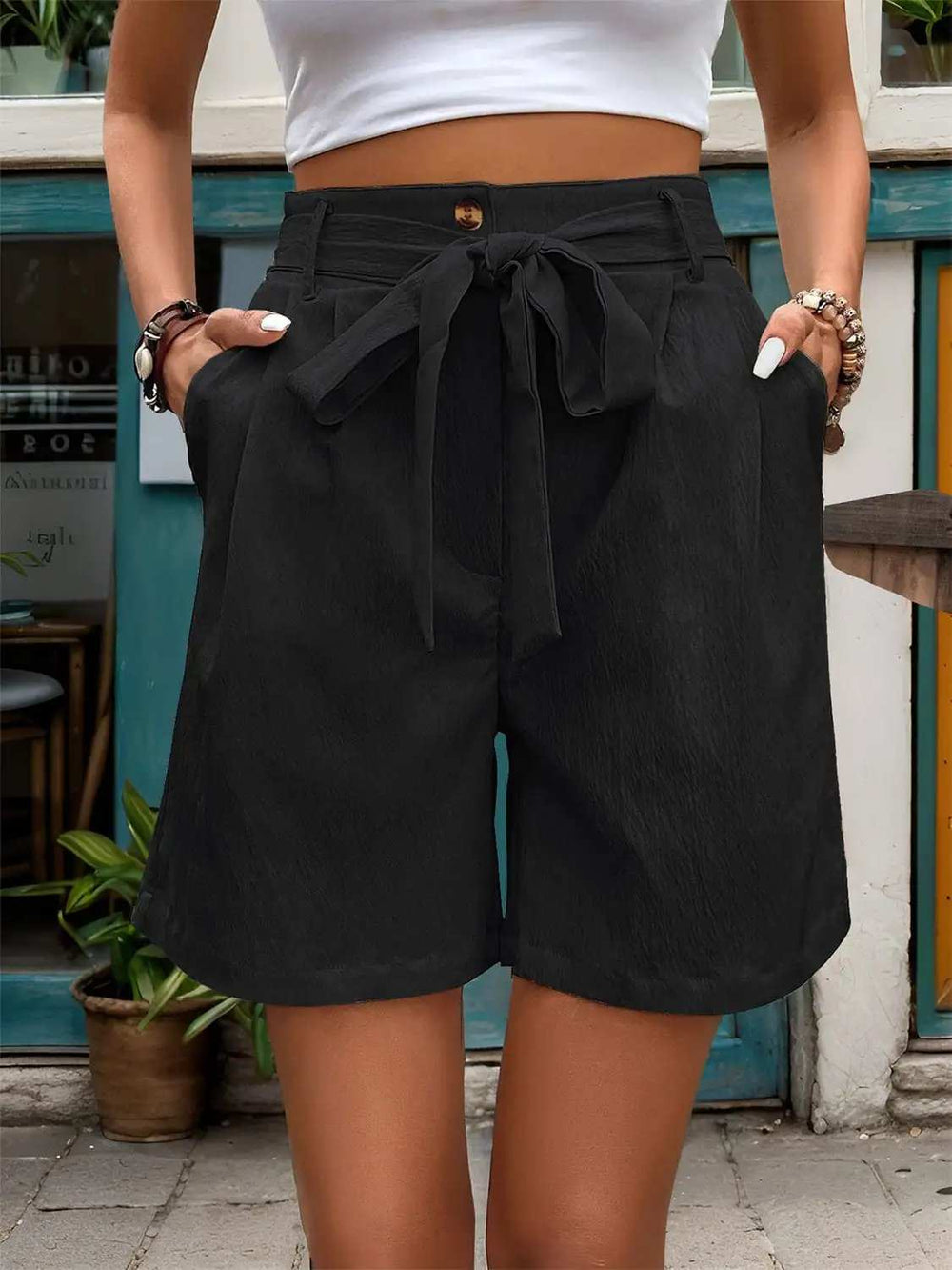 Tied High Waist Shorts with Pockets - Trendsi - Flyclothing LLC