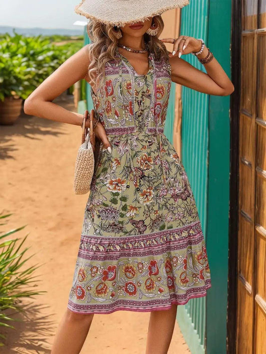 Printed Tie Neck Sleeveless Dress - Trendsi - Flyclothing LLC