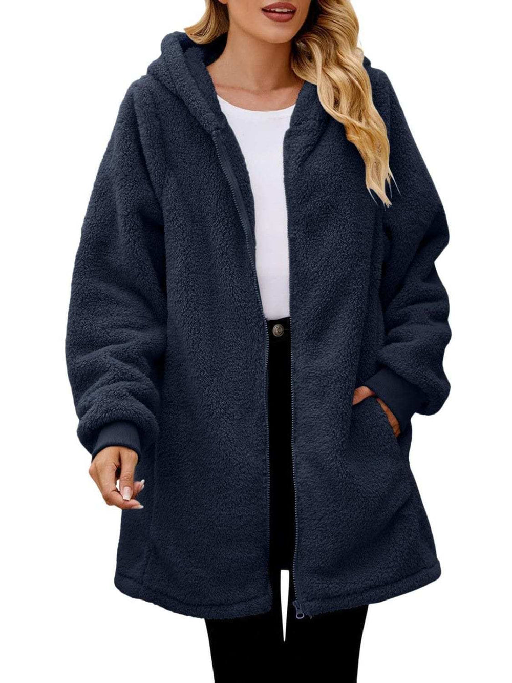 Fuzzy Pocketed Zip Up Long Sleeve Hooded Jacket - Trendsi - Flyclothing LLC