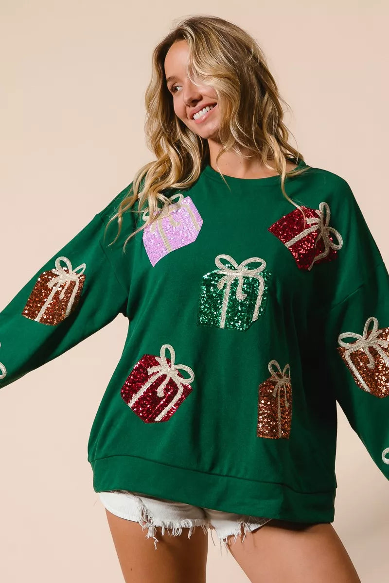 BiBi Sequin Christmas Gift Box Embroideries Pullover - Trendsi - Flyclothing LLC