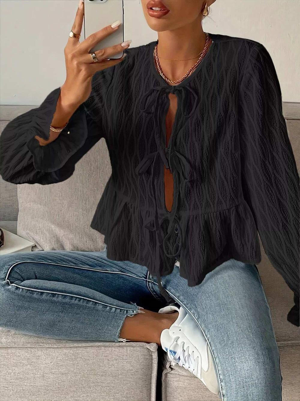 Tie Front Flounce Sleeve Blouse - Trendsi - Flyclothing LLC