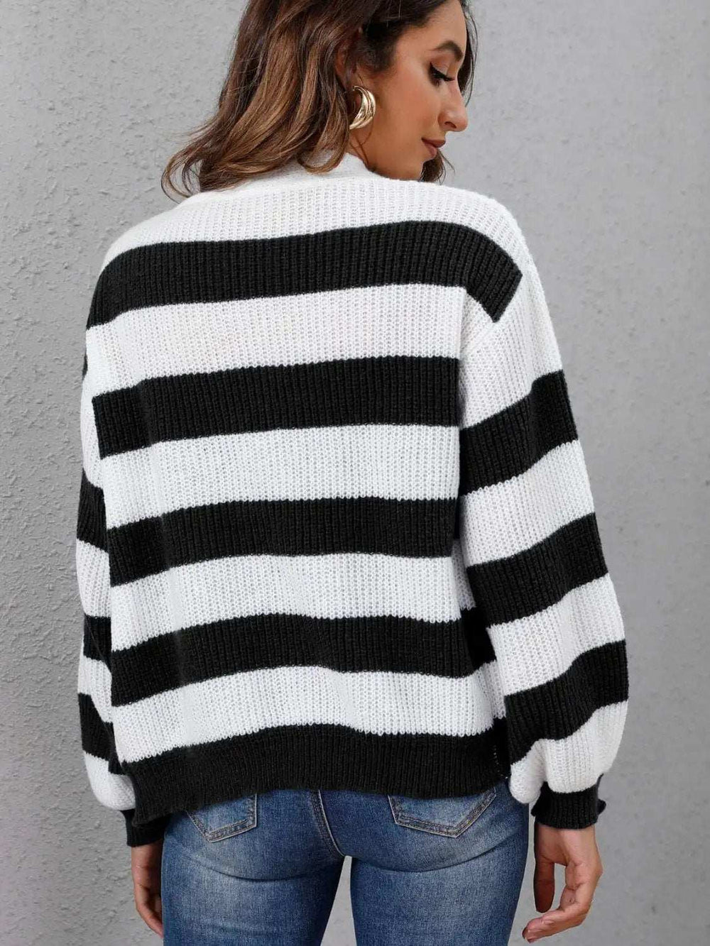 Striped Button Up Long Sleeve Sweater - Trendsi - Flyclothing LLC