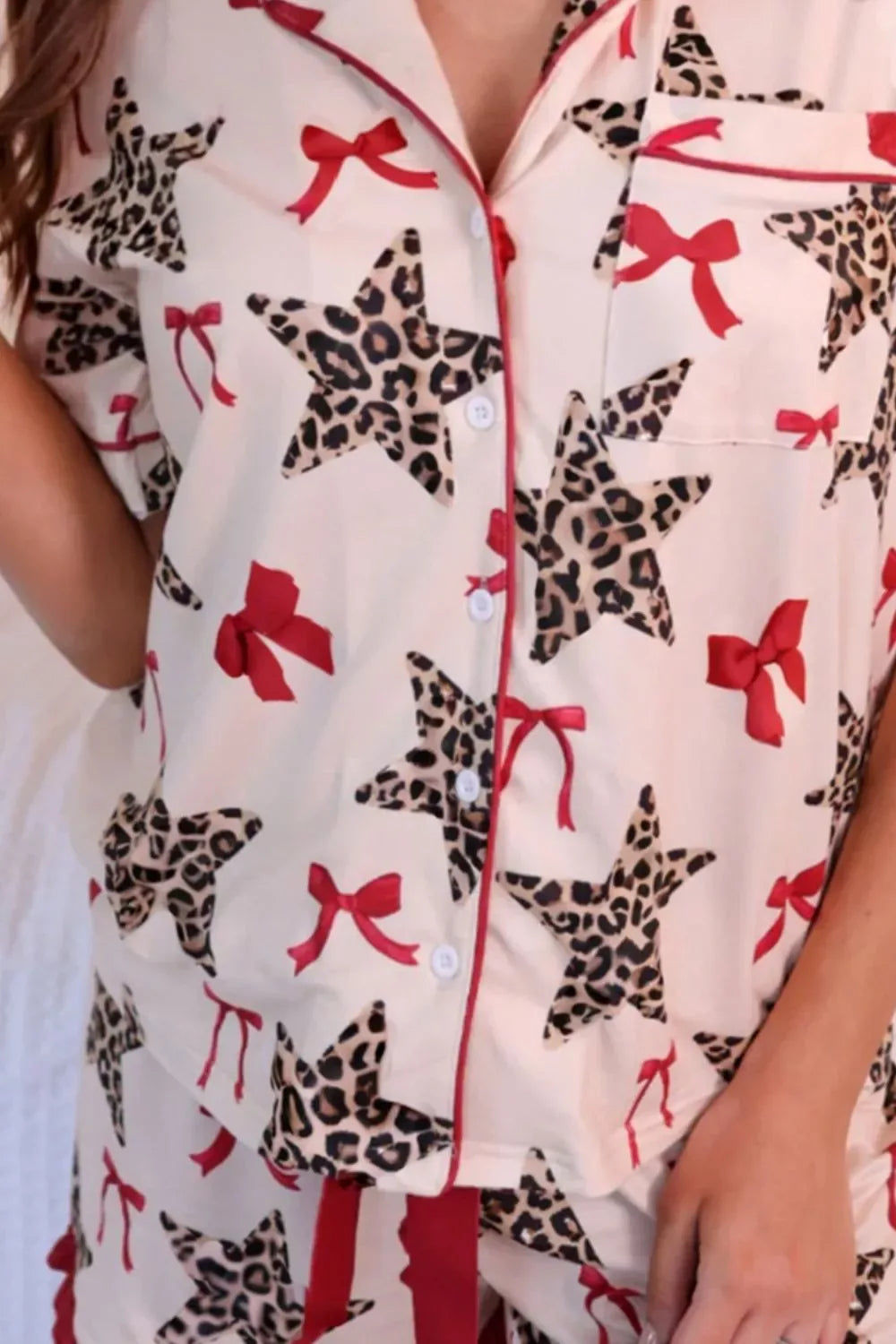 Star Bow Print Short Sleeve Top and Shorts Lounge Set - Trendsi - Flyclothing LLC