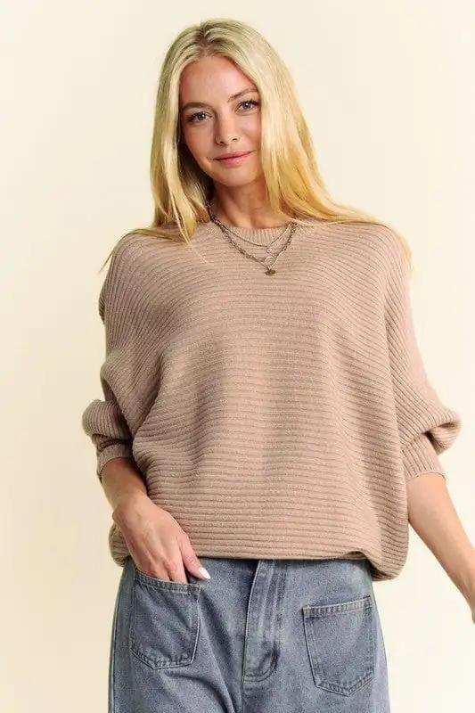 Davi & Dani Round Neck Batwing Sleeve Sweater - Trendsi - Flyclothing LLC