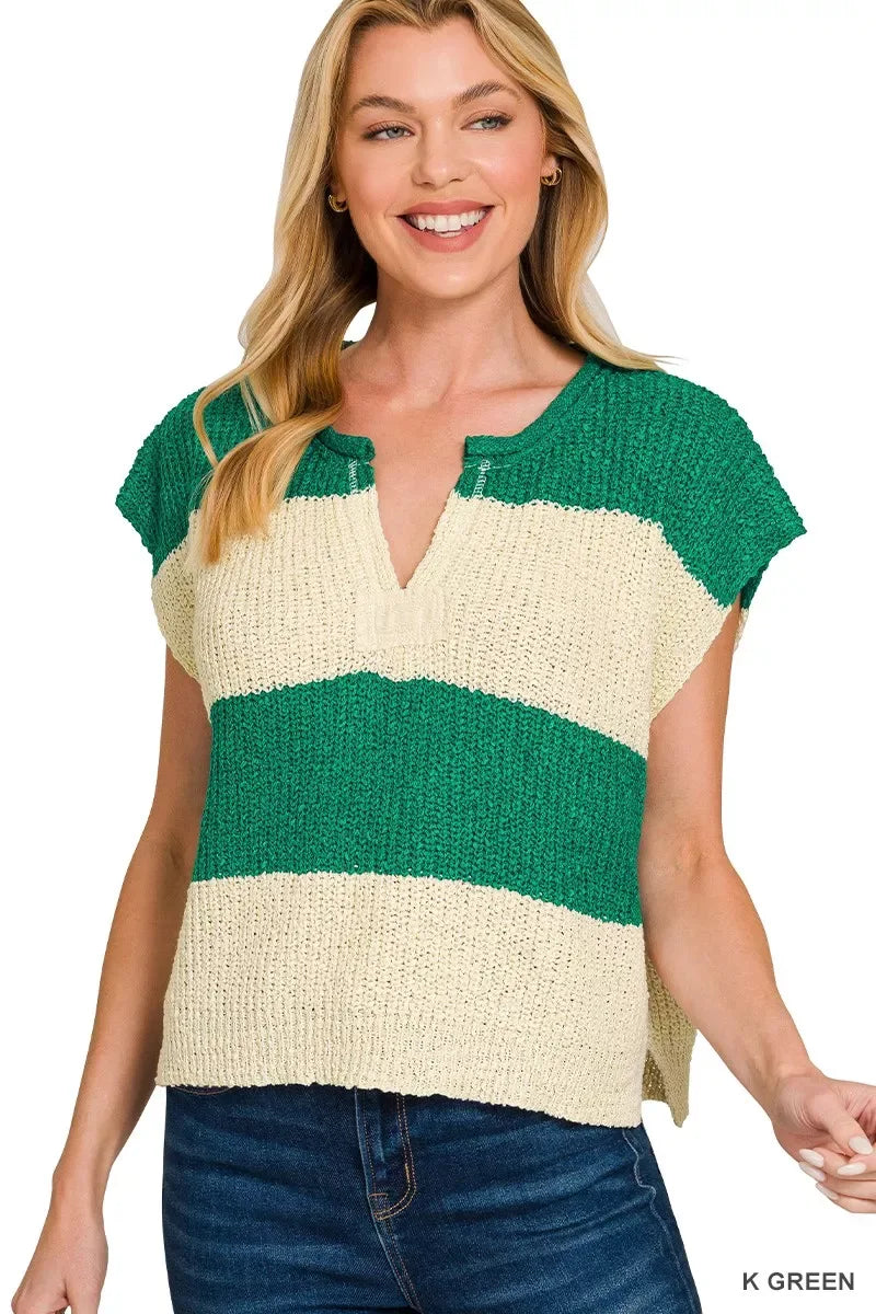 Zenana Split Neck Sleeveless Stripe Sweater - Trendsi - Flyclothing LLC