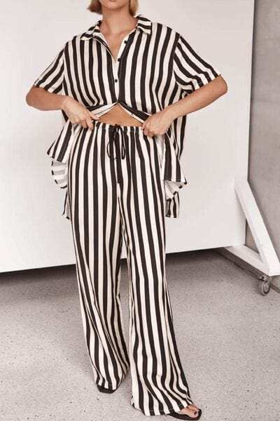 Striped Collared Neck Half Sleeve Top and Pants Set - Trendsi - Flyclothing LLC