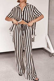 Striped Collared Neck Half Sleeve Top and Pants Set - Trendsi - Flyclothing LLC