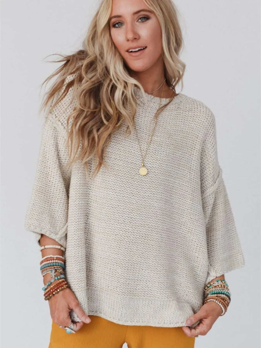 Round Neck Oversized Knit Top with Relaxed Fit - Trendsi - Flyclothing LLC