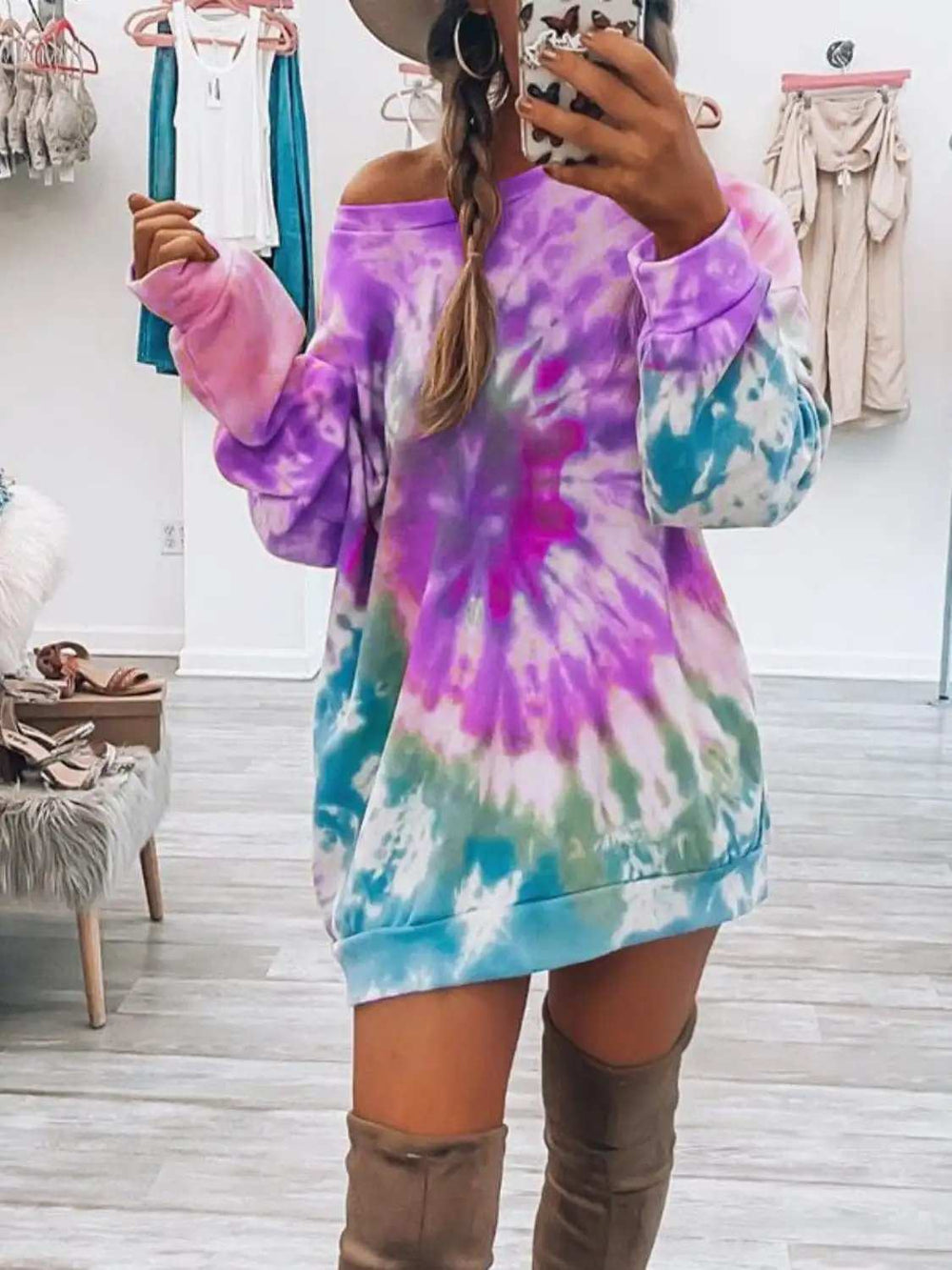 Full Size Tie-Dye Round Neck Long Sleeve Dress - Trendsi - Flyclothing LLC