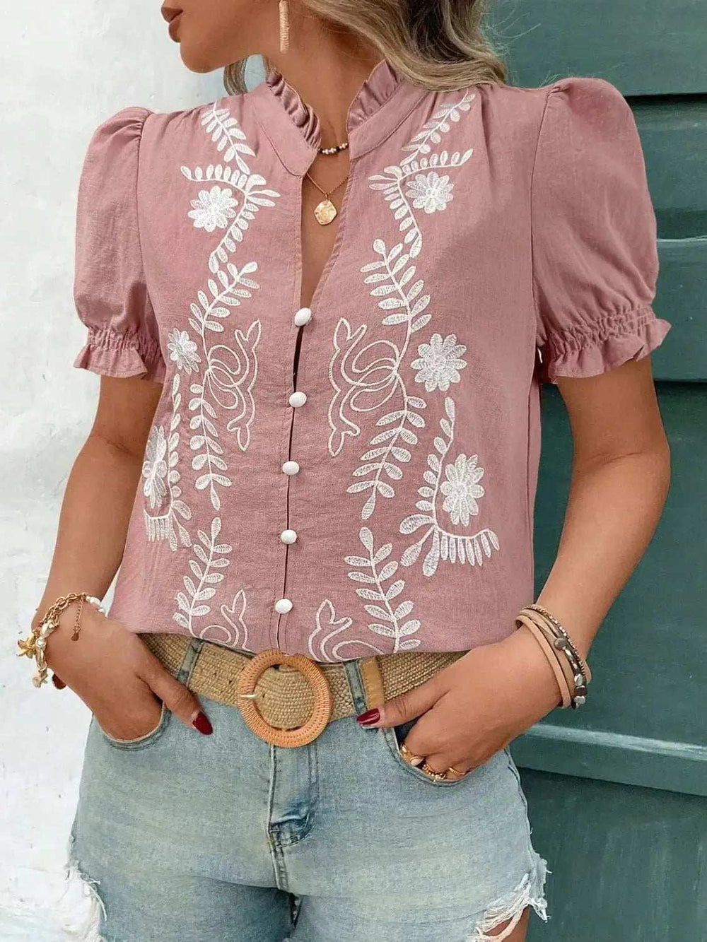 Embroidered Frill Notched Short Sleeve Blouse - Trendsi - Flyclothing LLC